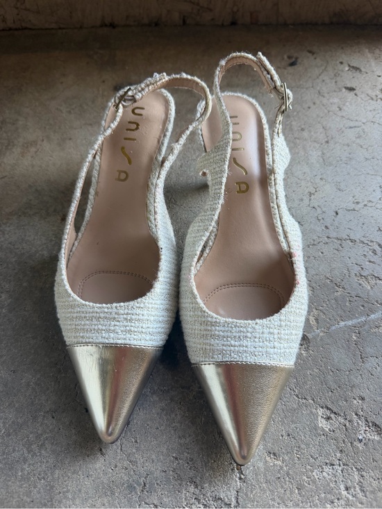Unisa Shoes - Unisa Ivory Tweed Slingback Mules with Metallic Gold Cap Toe